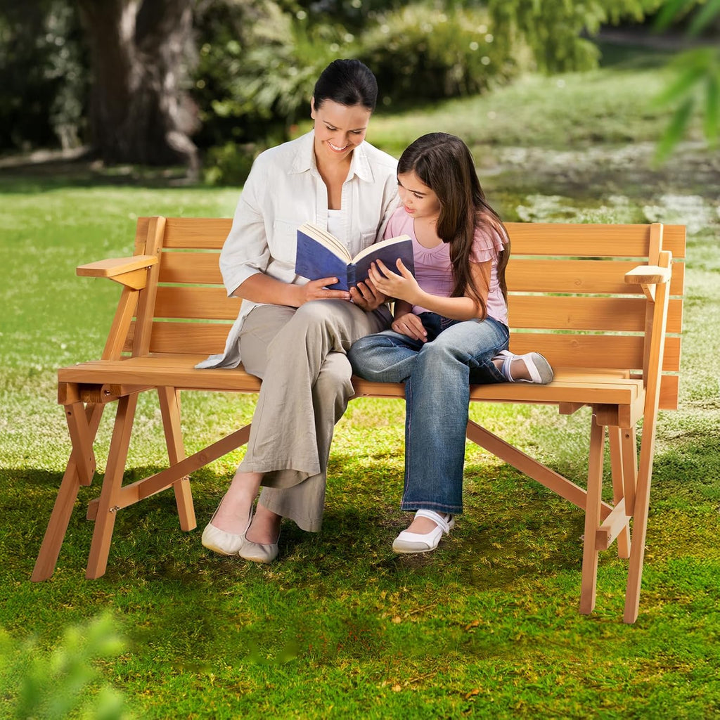 VINGLI 2-in-1 Outdoor Wooden Picnic Table and Bench Set with Umbrella Hole – Convertible Design for Garden, Patio, Porch, Deck – Natural Wood