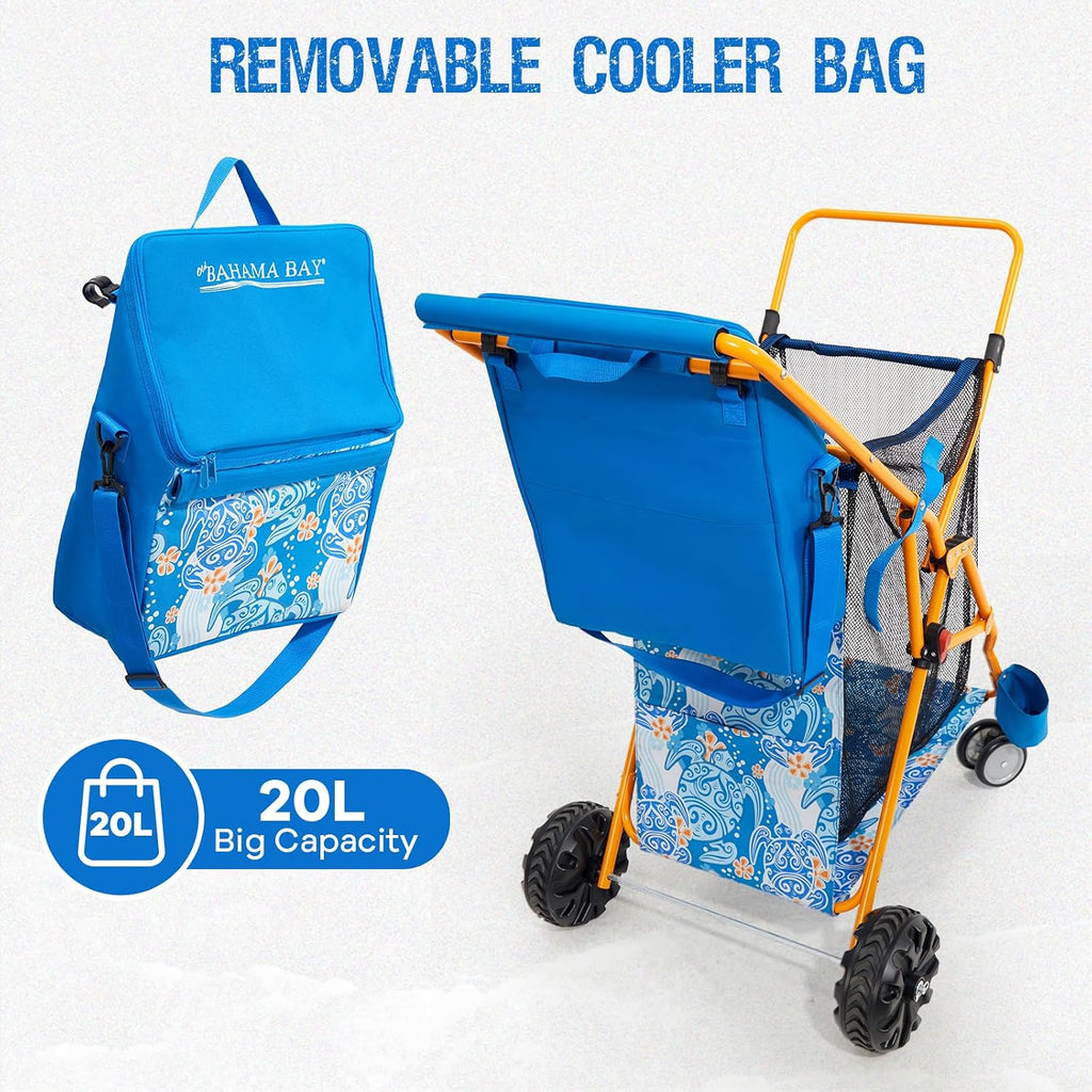 Old Bahama Bay Heavy-Duty Beach Cart with 100 lbs Capacity - Foldable Beach Wagon with Removable 20L Cooler Bag, Sand Chair Holder, Umbrella Stand & Large Mesh Basket for Beach, Camping, Picnic
