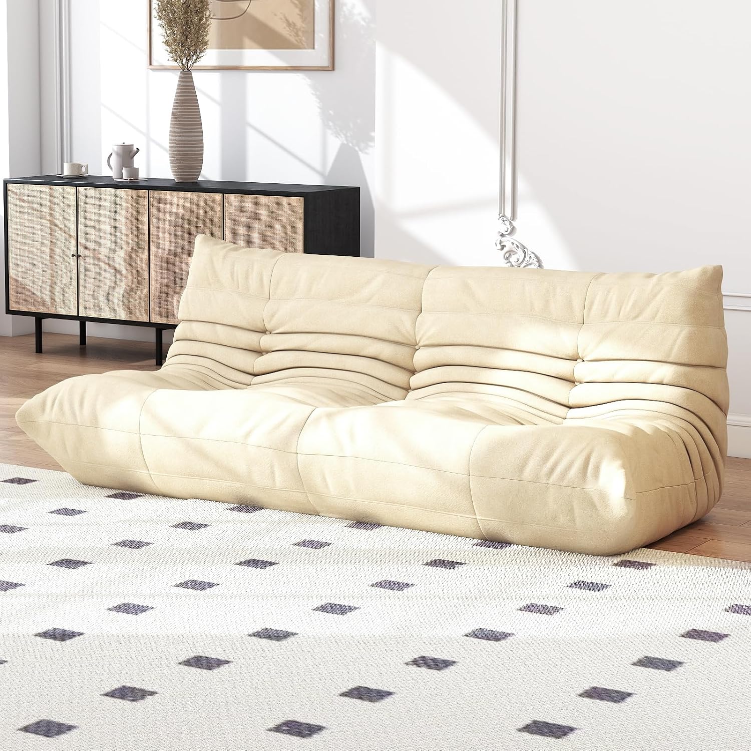 Full Foam Three Seater Sofa – Bean Bag Chairs Floor Couch for Adults, Waterproof Upholstery, Armless Fireside Lounge Chair for Living Room, Apartment, or Office (White)