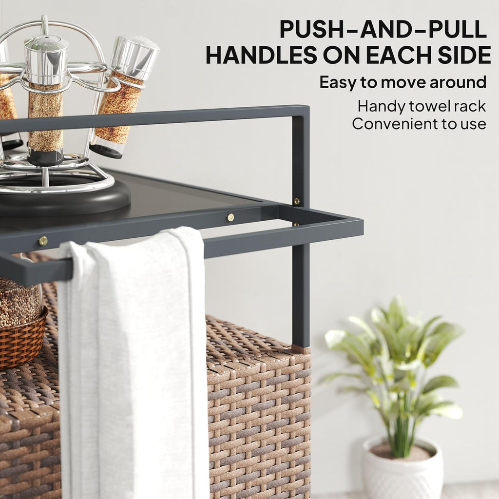 Outsunny PE Rattan Outdoor Storage Cabinet, Wicker Outdoor Bar Table Kitchen Island with Wheels & 2-Tier Shelf, Patio Serving Cart with Glass Top, Handles, Towel Racks for Poolside, Mixed Brown