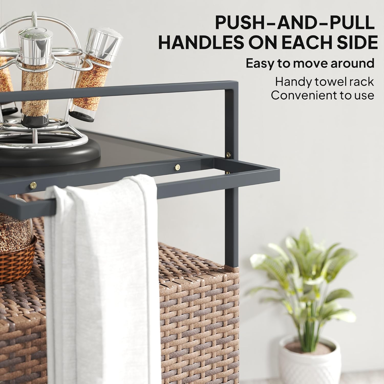 Outsunny PE Rattan Outdoor Storage Cabinet, Wicker Outdoor Bar Table Kitchen Island with Wheels & 2-Tier Shelf, Patio Serving Cart with Glass Top, Handles, Towel Racks for Poolside, Mixed Brown