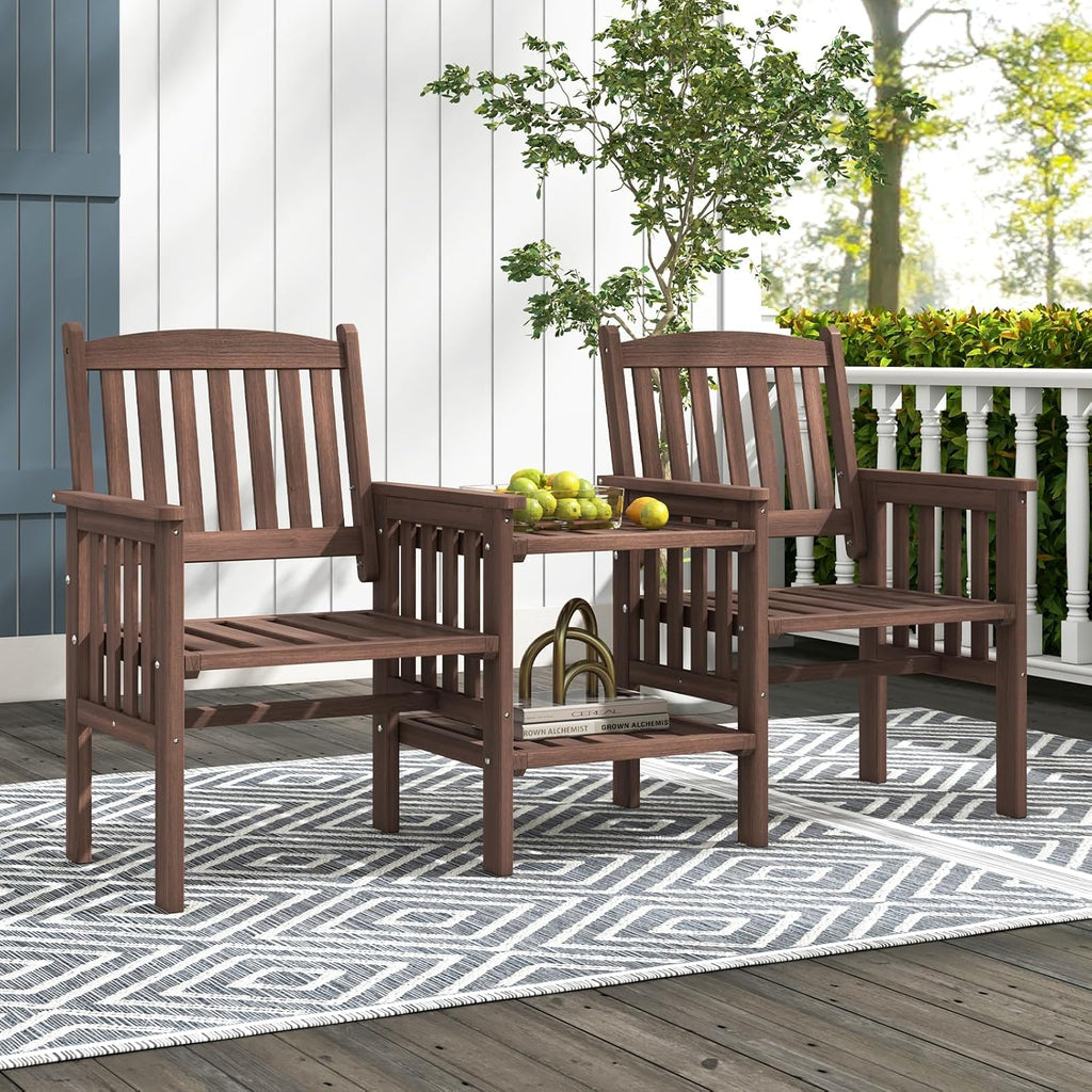 Tangkula Outdoor Fir Wood Loveseat with 2-Tier Side Table and Umbrella Hole, 2-Seater Patio Garden Bench with Armrests and Slatted Seats, Outdoor Table and Chairs Set for Porch and Balcony