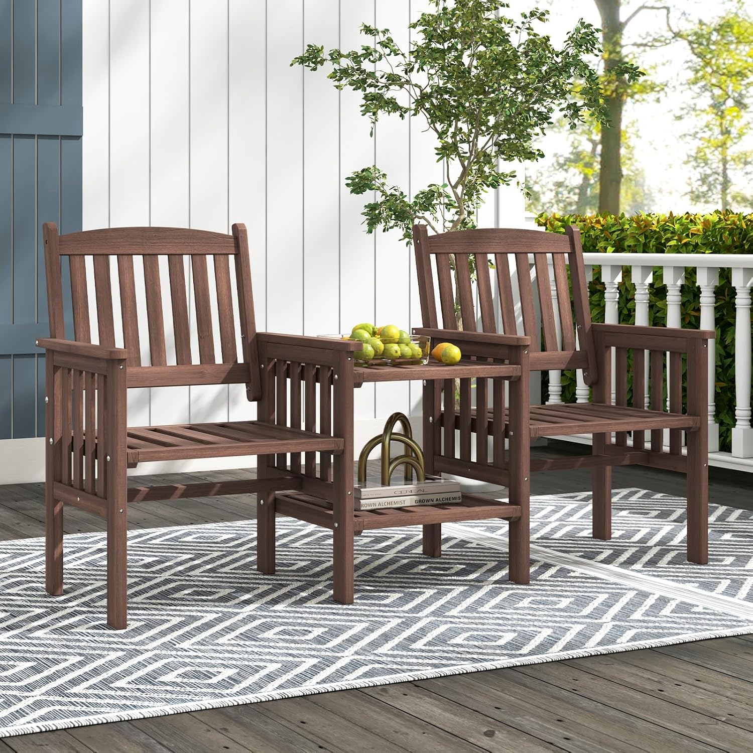 Tangkula Outdoor Fir Wood Loveseat with 2-Tier Side Table and Umbrella Hole, 2-Seater Patio Garden Bench with Armrests and Slatted Seats, Outdoor Table and Chairs Set for Porch and Balcony