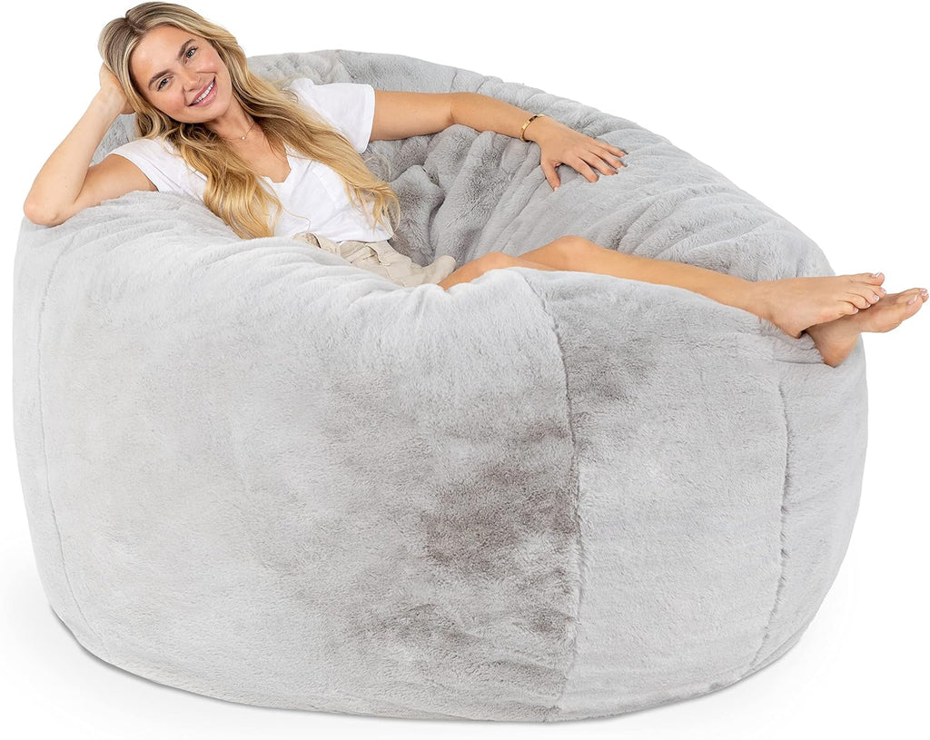 Jaxx 6 Foot Cocoon - 2-in-1 Convertible Bean Bag Bed & Large Bean Bag Chair for Adults - Premium Faux Fur, Silver Rabbit