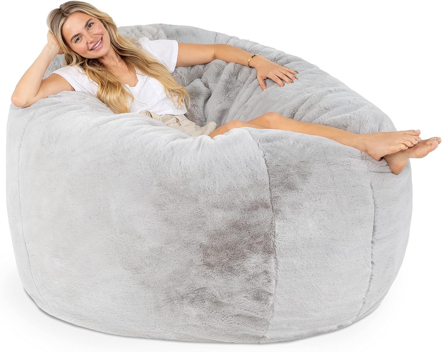 Jaxx 6 Foot Cocoon - 2-in-1 Convertible Bean Bag Bed & Large Bean Bag Chair for Adults - Premium Faux Fur, Silver Rabbit