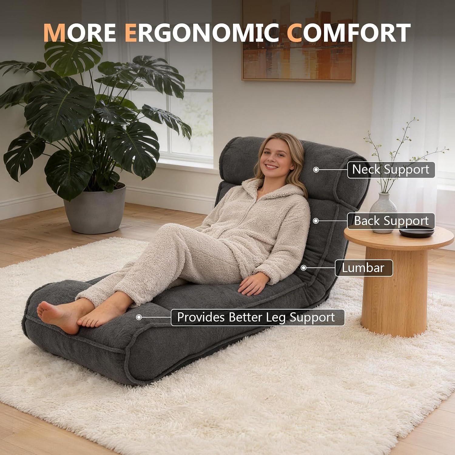 67'' Floor Chair with Back Support Meditation Chair Couch Recliner w Adjustable Backrest Lazy Floor Lounger Gaming Chair for Adults Sofa Bed Sleeper Chair Chaise Lounge Chair Indoor, Dark Gray