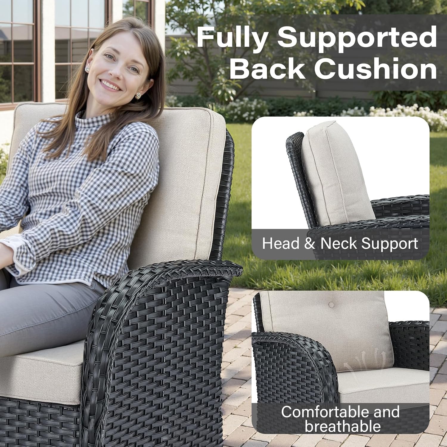 Belord Wicker Outdoor Furniture Set - 7 Piece Patio Conversation Sets with Comfort Swivel Rocker Glider Patio Chairs Set of 2 and Rattan Sofa, Tempered Glass Coffee Table and Side Table,Black/Beige
