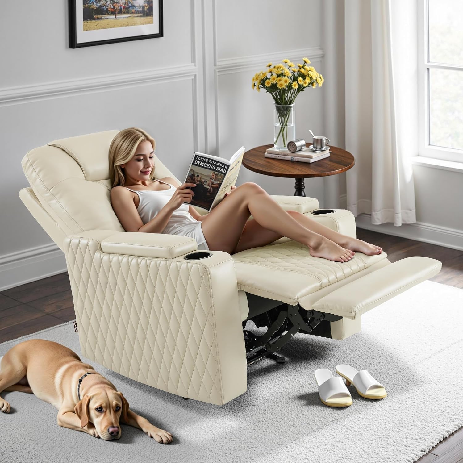 MCombo Oversized Power Recliner Chair with Adjustable Headrest & LED Light for Adults, Zero Gravity Recliner with USB & Type C Ports, Cup Holders for Living Room & Home Theater, Faux Leather HTS401