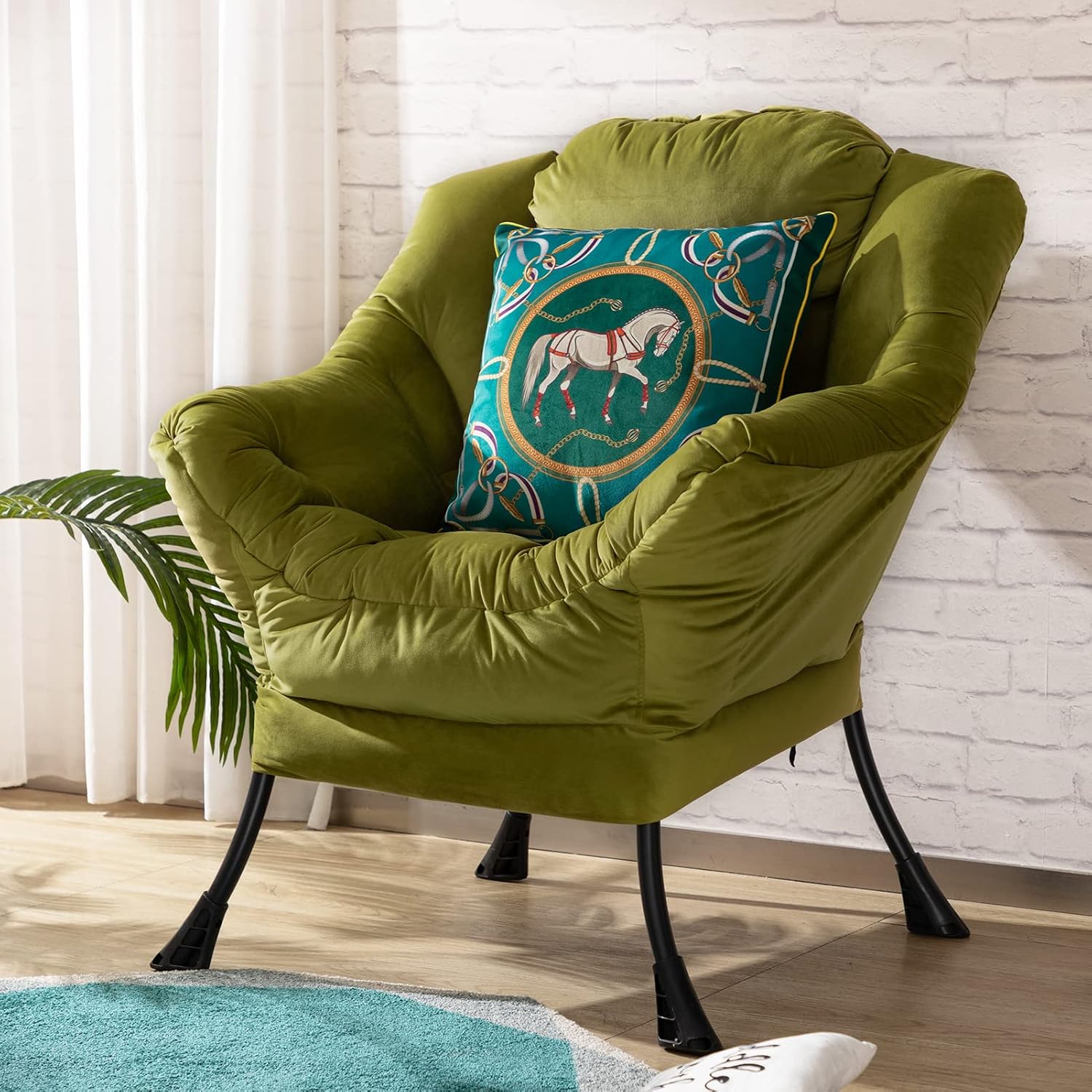 HollyHOME Lazy Chair with Armrest and Side Pocket, Comfy Accent Lounge Chair,Leisure Sofa Armchair for Living Room, Bedroom, Dorm, or Small Spaces, Oversized Reading Sofa Chair,Velvet Olive Green