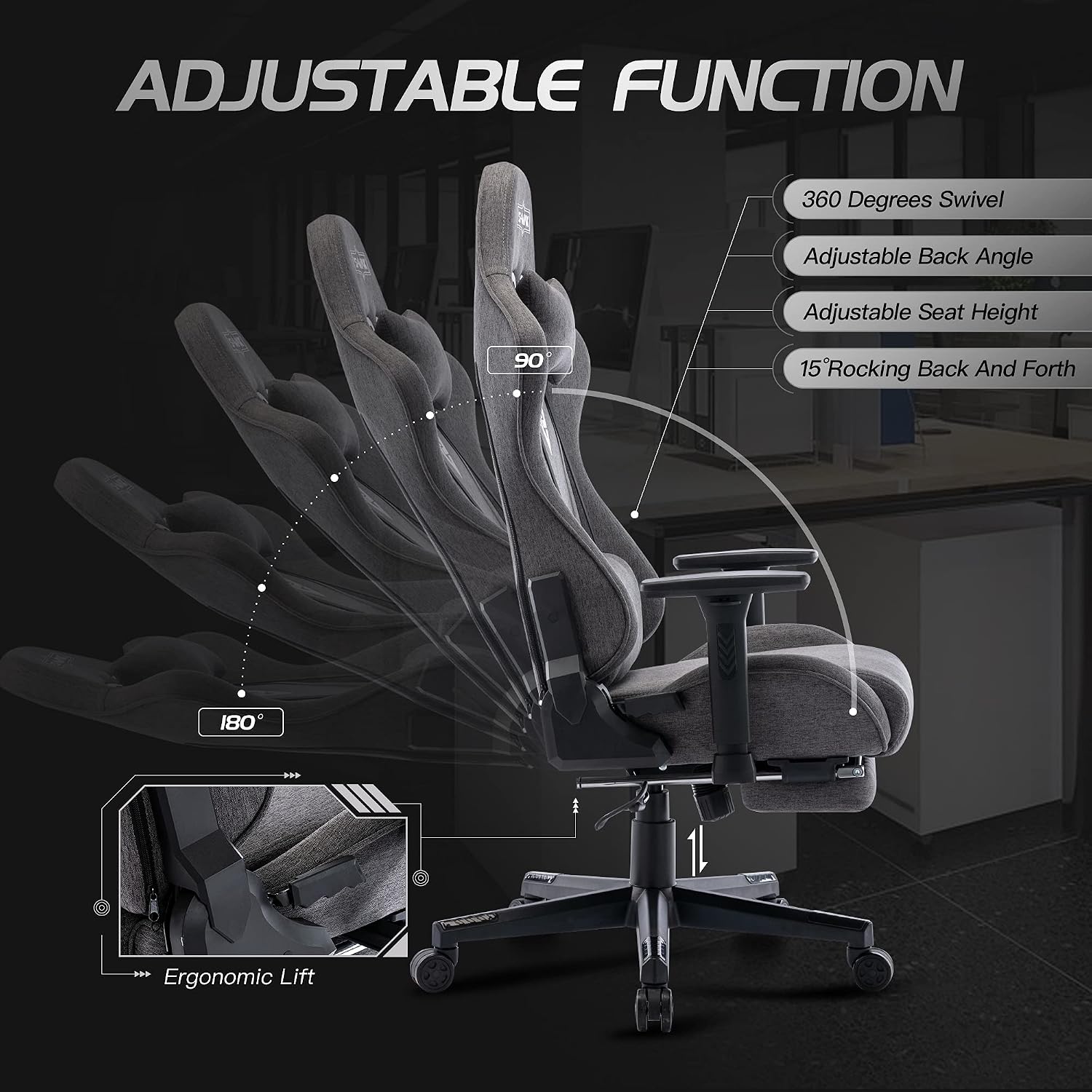 S*MAX Fabric Gaming Chair with Footrest Thicken Seat Ergonomic Gaming Chair with 3D Armrest Breathable Fabric Gamer Chairs for Adults Headrest Lumbar Support Gaming Chairs for Adults Grey