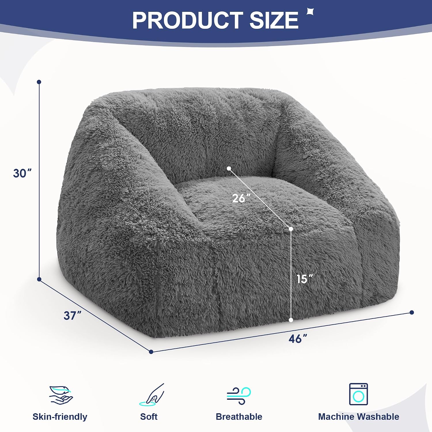 Hobestluk Giant Bean Bag Chair Memory Foam Filled Sofa Chair Bean Bag for Adults/Teens/Kids, Plush Fur Oversized Lazy Sofa for Living Room Bedroom Dorm(Light Grey)