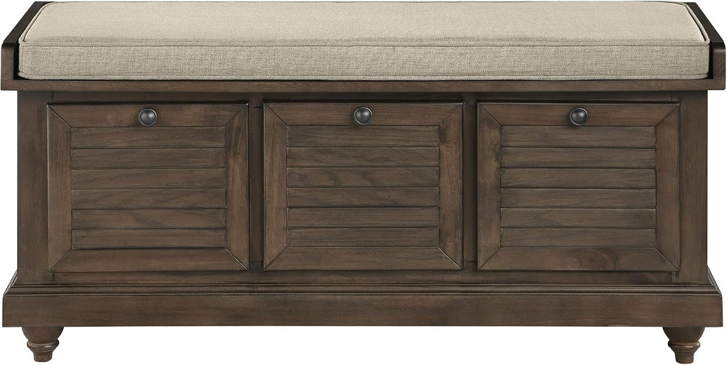 OSP Home Furnishings Dover Coastal Lift-Top Storage Bench with Shutter Face Styling, Dark Walnut Finish with Beige Fabric Cushion
