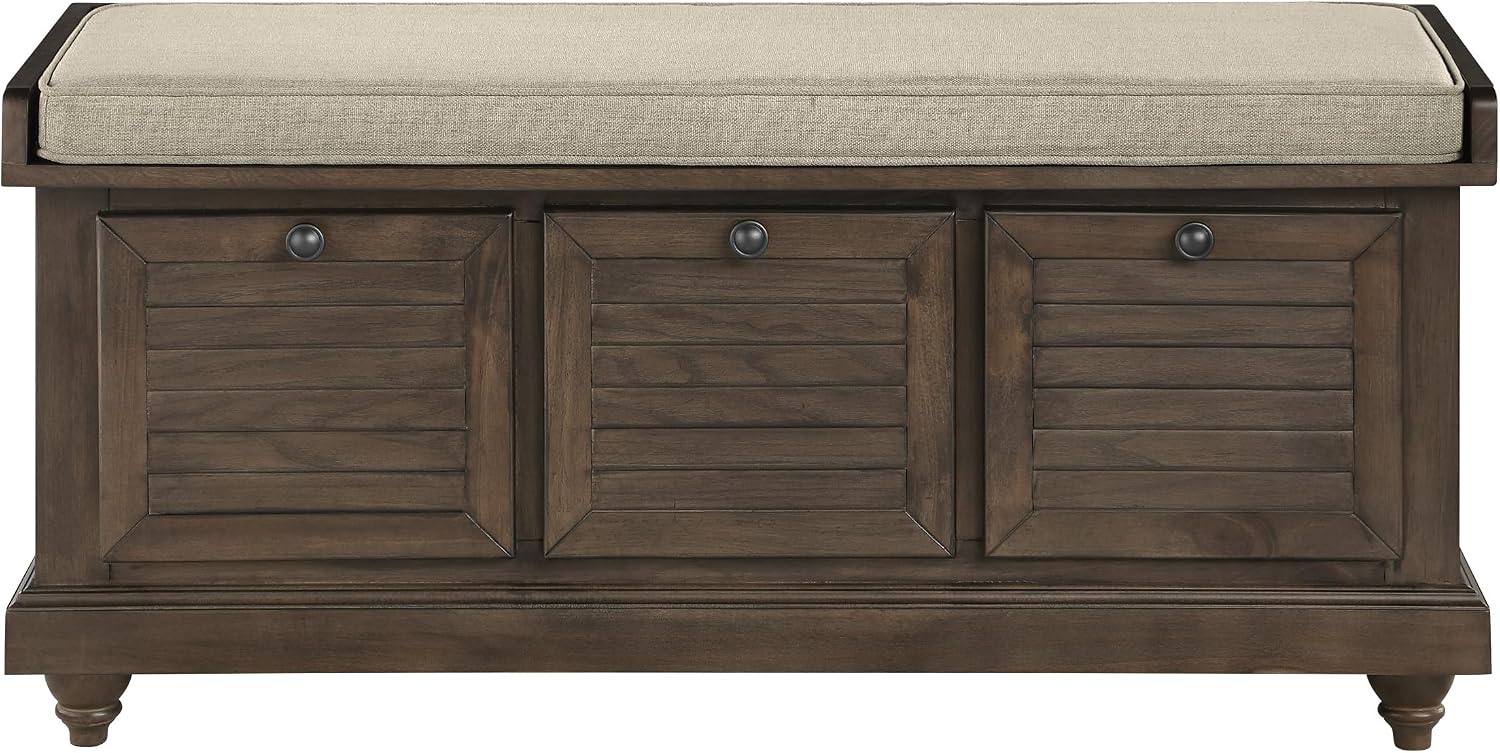 OSP Home Furnishings Dover Coastal Lift-Top Storage Bench with Shutter Face Styling, Dark Walnut Finish with Beige Fabric Cushion