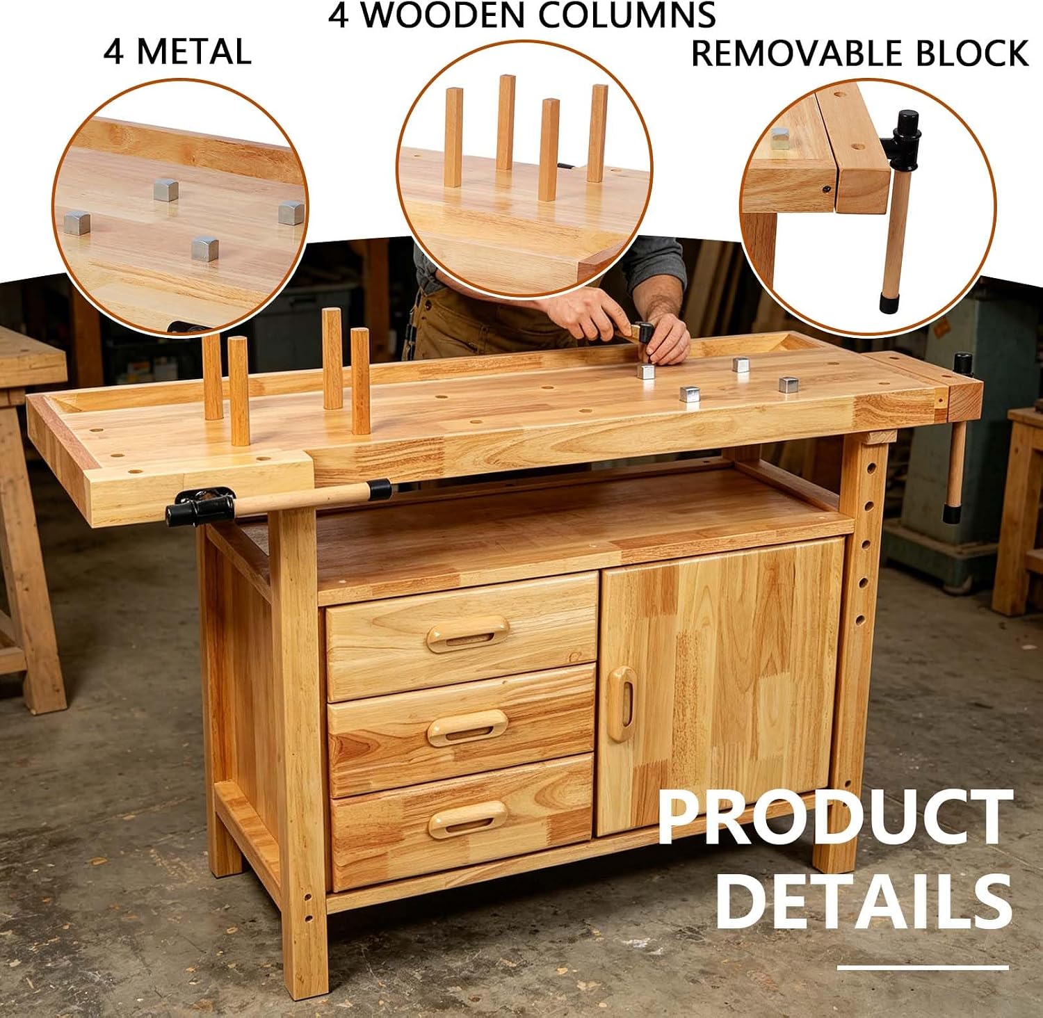 55' Rubber Wood Workbench, Heavy Duty Work Bench with Drawer& Shelf, Work Bench Table for Garage, Workshop, Home Storage, Woodworking Bench, 330 lbs Weight Capacity (50')