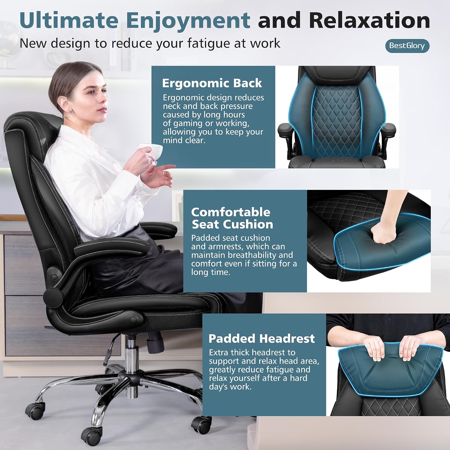 BestGlory Office Chair, Ergonomic High Back Home Office Desk Chair, Big and Tall Breathable Leather Office Chair with Lumbar Support Flip-Up Armrests, Computer Gaming Chair with Rocking Function