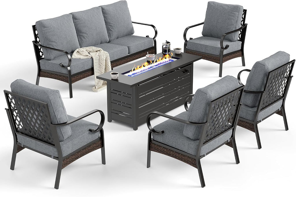 SUNSHINE VALLEY 6 Piece Black Metal Outdoor Patio Furniture Sets with Firepit Table, Patio Conversation Sets 1 3-Seater Sofa, 4 Single Sofa with 5.75' Extra Cushion Backyard Furniture for Deck, Gray