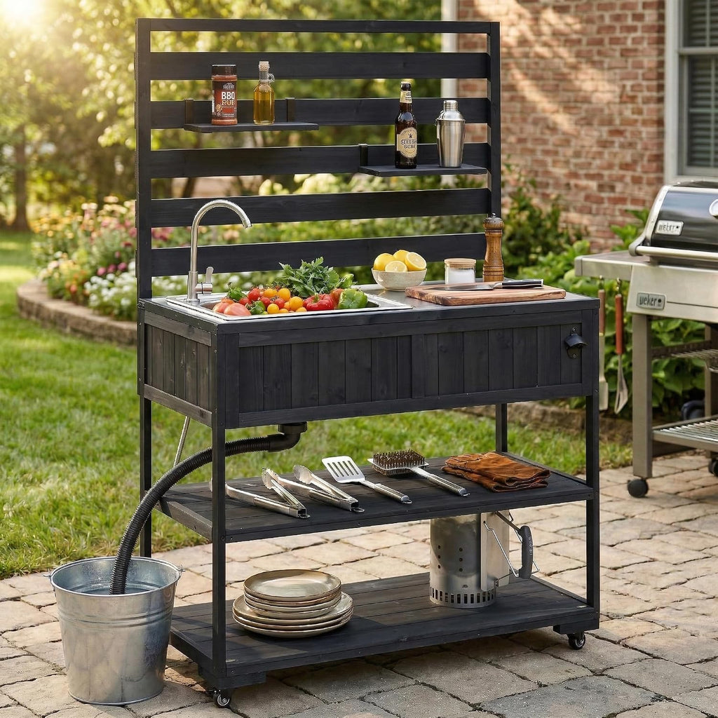 41.7'' Large Patio Rolling Kitchen Island Solid Wood Kitchen Cart with Sink, Garden Potting Bench with Stainless Table Top, 2 Movable Shelves and 1 Bottle Opener (Black-41.7'')