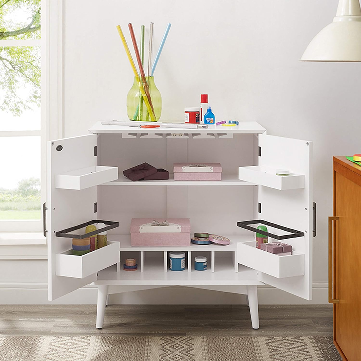 Crosley Furniture Landon Bar Cabinet with Storage Shelves and Wine Rack, White