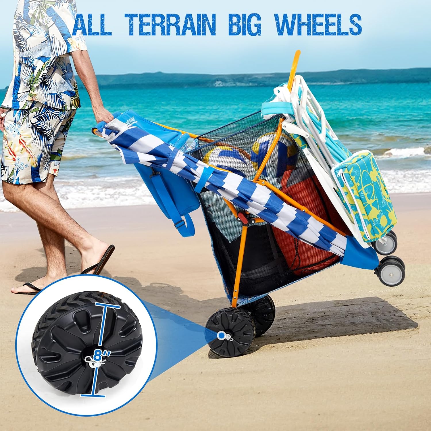 Old Bahama Bay Heavy-Duty Beach Cart with 100 lbs Capacity - Foldable Beach Wagon with Removable 20L Cooler Bag, Sand Chair Holder, Umbrella Stand & Large Mesh Basket for Beach, Camping, Picnic