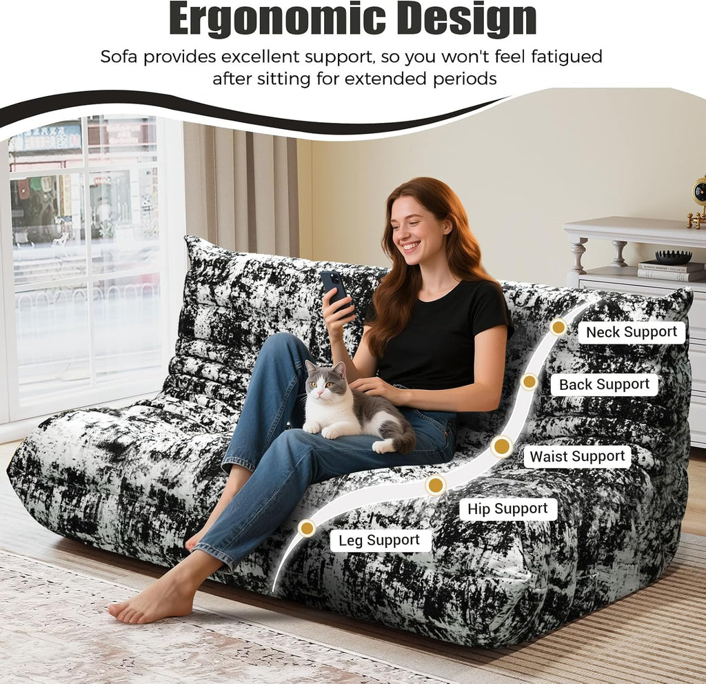 3 Seat Oversized Bean Bag Chairs for Adults, Memory Foam Fireside Beanbag Couch, Comfy Bean Bag Lounger Lazy Sofa for Living Room, Bedroom, Playroom, Black Multi