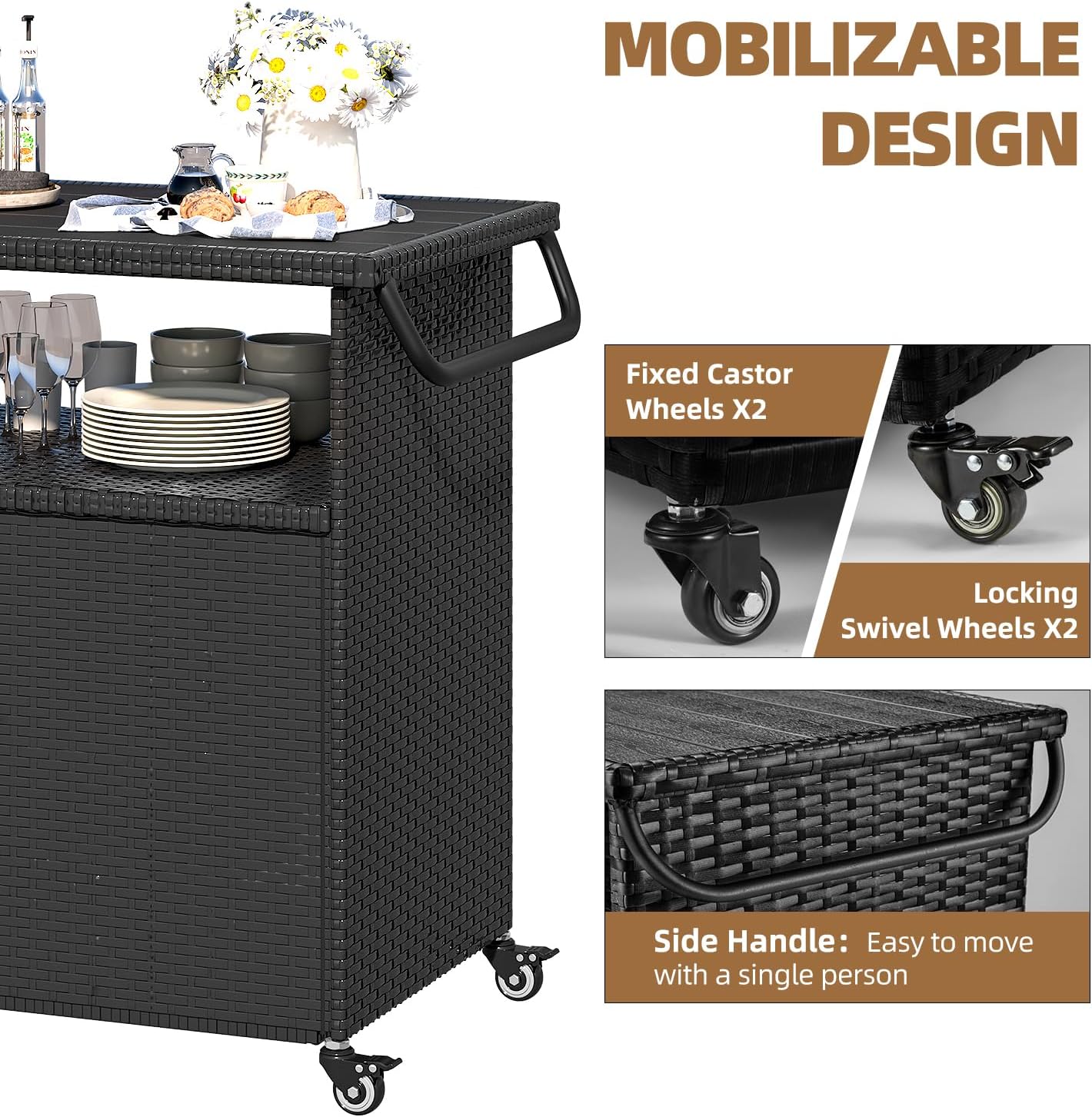 Outdoor Storage Cabinet on Wheels for Patio Outdoor Rattan Bar Cart on Wheels Storage Kitchen Cabinet Waterproof for Grill Outdoor Sideboard for Outside, Pool, Backyard Bar, Parties, Poolside