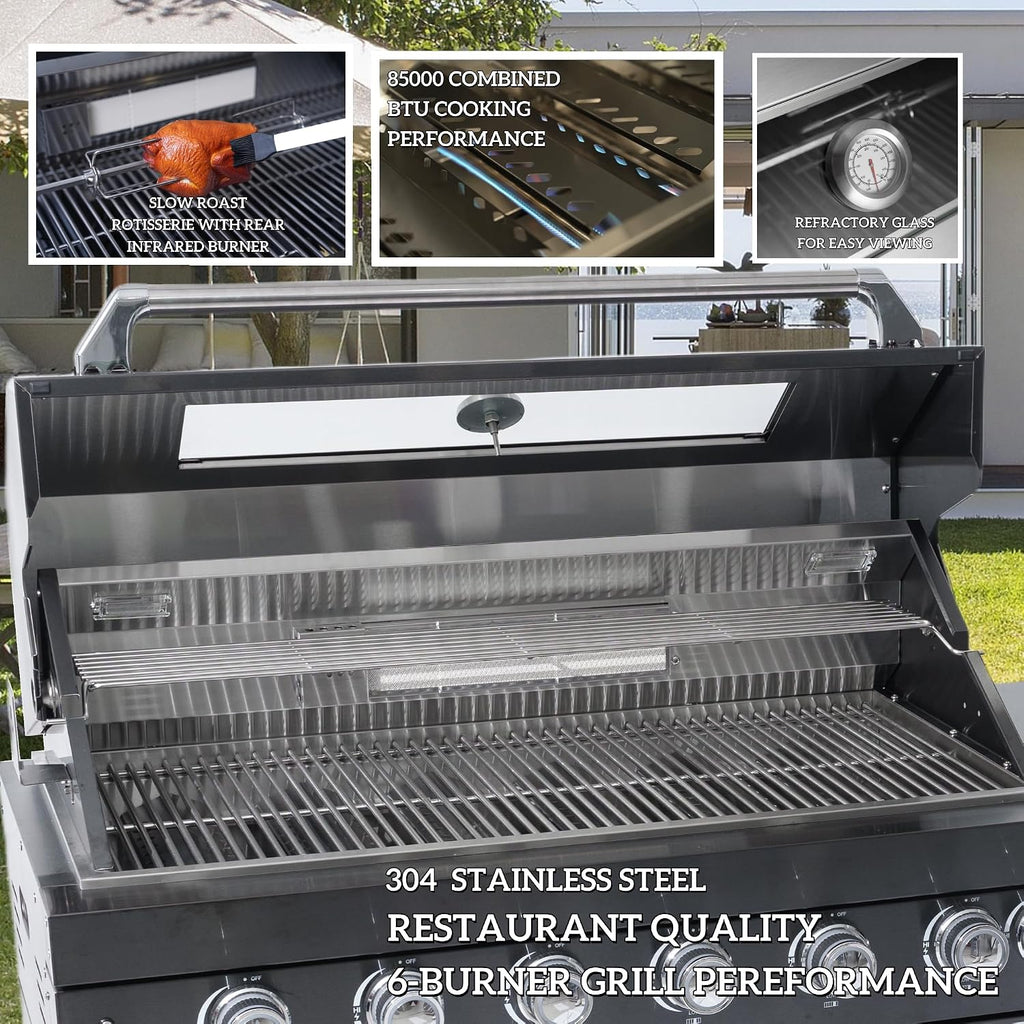 Modular Outdoor Kitchen BBQ Island, 96' Outdoor Kitchen Propane Gas Island Grill with Sink, Compact Refrigerator, Storage Cabinets, Rotisserie Kit (Silver, 96')