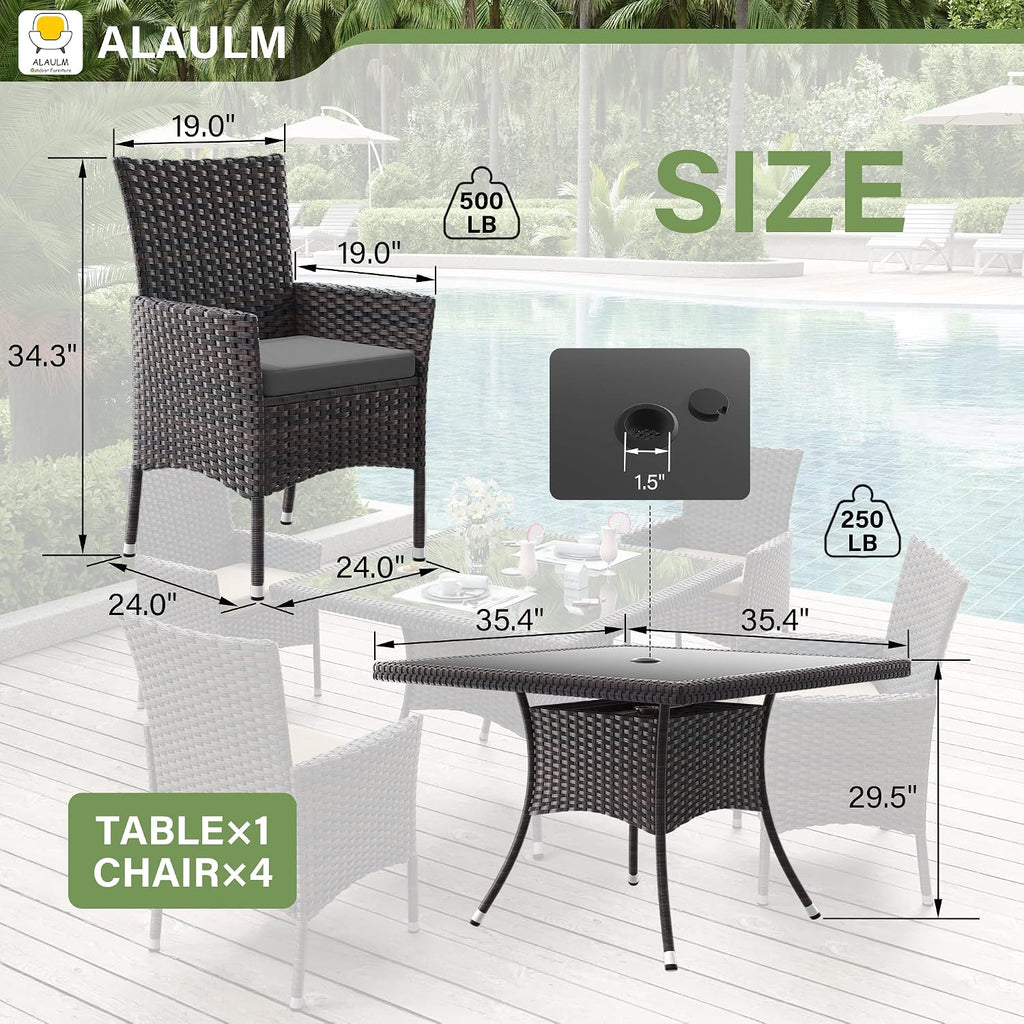 ALAULM 5 Piece Patio Dining Set All-Weather Wicker Outdoor Furniture Set w/Tempered Glass Tabletop, Removable Cushions and Umbrella Hole for Patio, Backyard, Garden, Poolside（Grey）