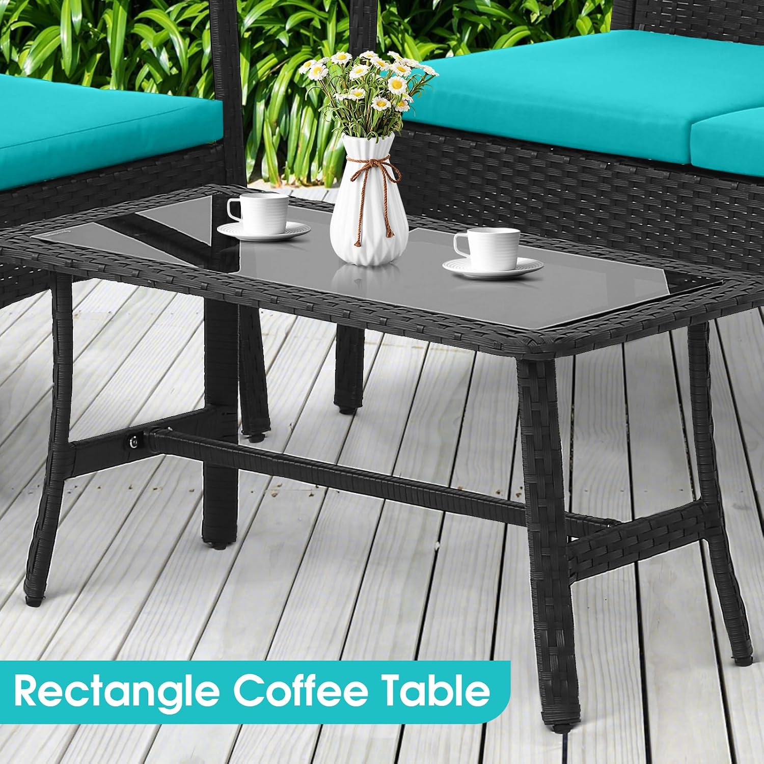 HAPPYGRILL 8 Pieces Patio Wicker Furniture Set PE Wicker Conversation Set, Rattan Sofa Chair with Cushions Tempered Glass Coffee Table, Outdoor Sectional Bistro Set for Poolside Backyard Lawn Garden