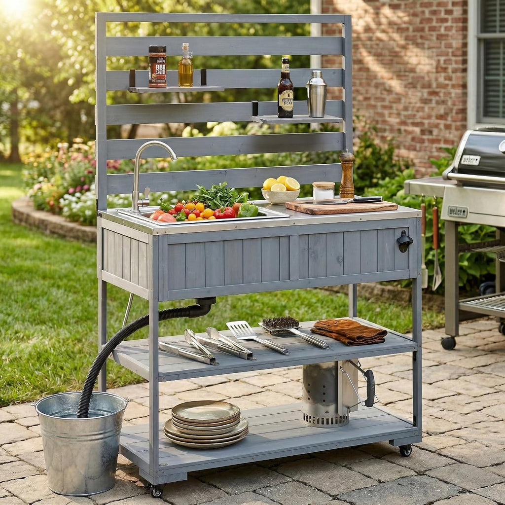 41.7'' Large Patio Rolling Kitchen Island Solid Wood Kitchen Cart with Sink, Garden Potting Bench with Stainless Table Top, 2 Movable Shelves and 1 Bottle Opener (Gray-41.7'')