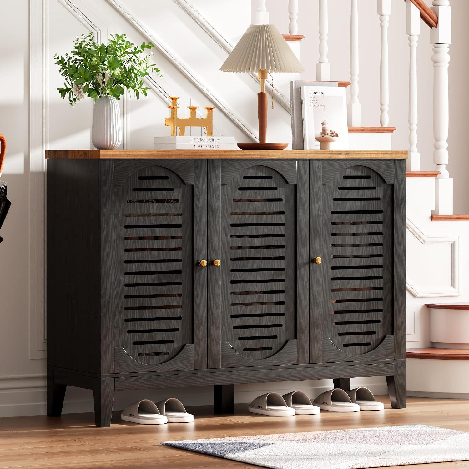 Vlsrka Shoe Cabinet with 3 Doors, Narrow Wooden Shoe Cabinet, Hidden Shoe Storage for Entryway, Foyer, Hallway (Black C)