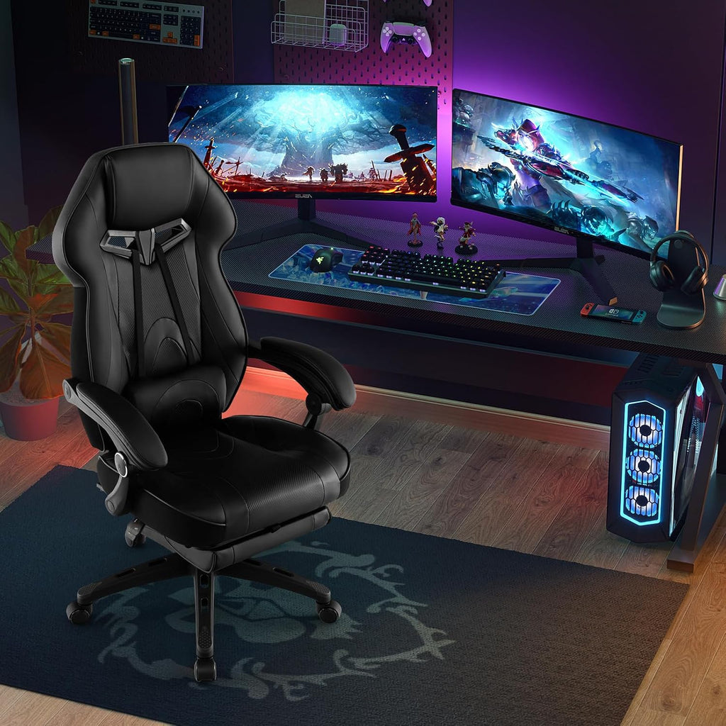 Giantex Gaming Chair with Footrest for Adults, Reclining Video Game Chair w/Lumbar Support, Racing Style Ergonomic Office Computer Chair, Height Adjustable Swivel Gamer Chair for Gaming (Black)