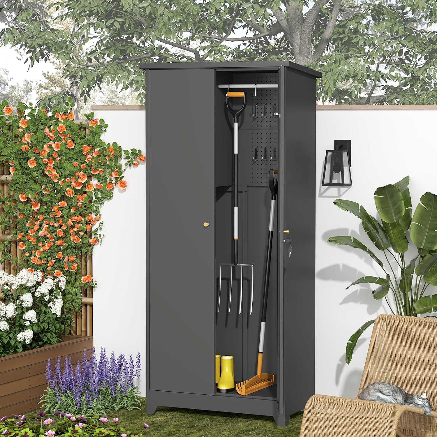 GREATMEET 72.8' Outdoor Broom Storage Cabinet, Metal Storage Cabinets for Cleaning Supplies with Slanted Roof, Utility Closet, Waterproof Outdoor Shed for Broom Mop, Grey