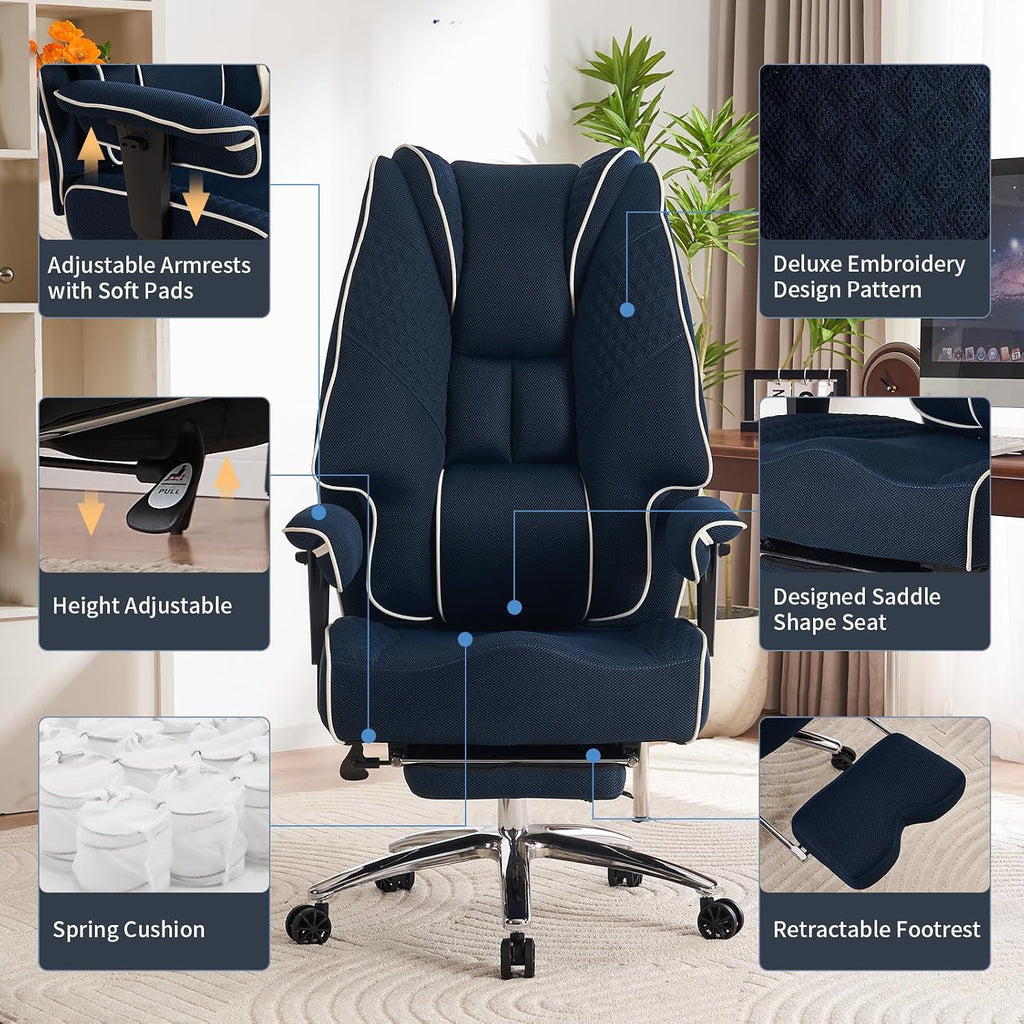 EXCEBET Big and Tall Office Chair 400lbs Wide Seat, Leather High Back Executive Office Chair with Foot Rest, Ergonomic Chairs Lumbar Support for Lower Back Pain Relief (Mesh Dark Blue)