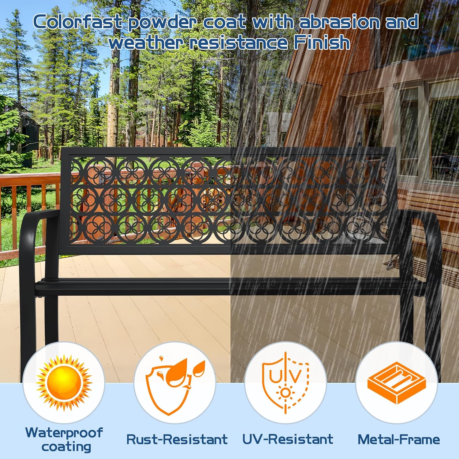50' Outdoor Bench, Metal Weatherproof Garden Bench Cast Iron Heavy-Duty Patio Bench with Decorative Backrest for Proch Park 880lb Capacity