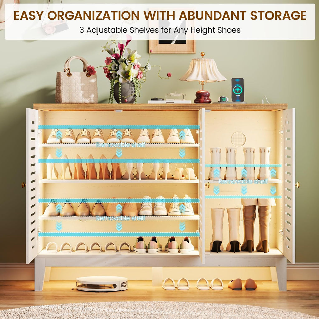 Vlsrka Shoe Cabinet with 3 Doors, Narrow Wooden Shoe Cabinet, Hidden Shoe Storage for Entryway, Foyer, Hallway (White C)