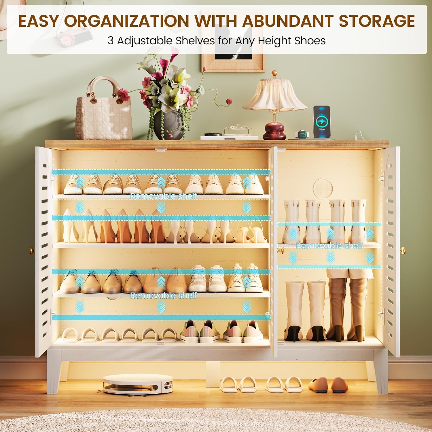 Vlsrka Shoe Cabinet with 3 Doors, Narrow Wooden Shoe Cabinet, Hidden Shoe Storage for Entryway, Foyer, Hallway (White C)