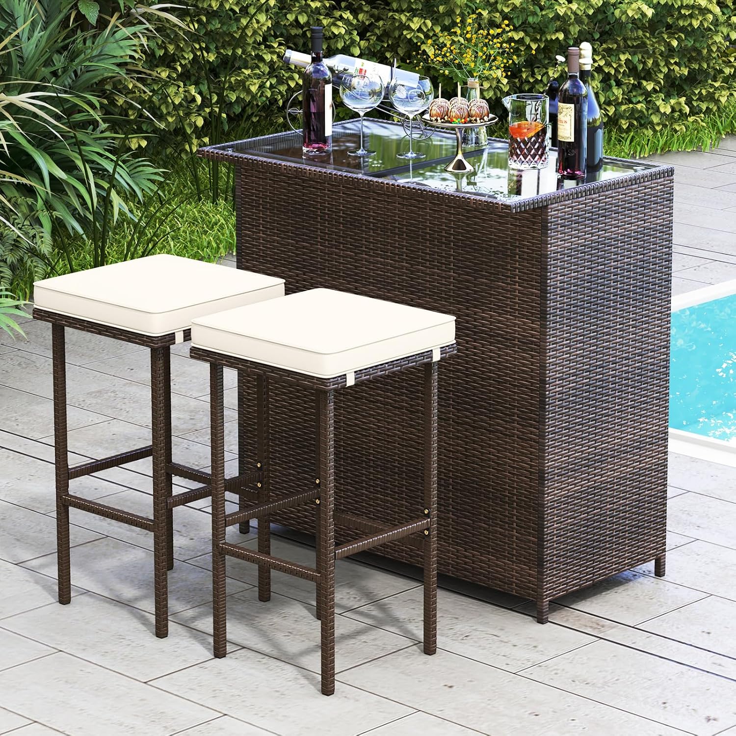 Tangkula Patio Bar Set, 3 Piece Outdoor Rattan Wicker Bar Set with 2 Cushions Stools & Glass Top Table, Outdoor Furniture Set for Patios Backyards Porches Gardens Poolside (Beige)