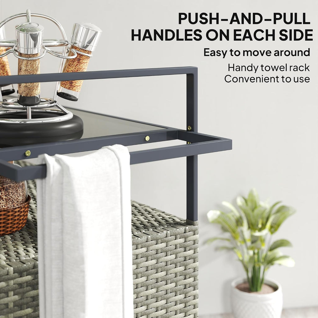 Outsunny PE Rattan Outdoor Storage Cabinet, Wicker Outdoor Bar Table Kitchen Island with Wheels & 2-Tier Shelf, Patio Serving Cart with Glass Top, Handles, Towel Racks for Poolside, Mixed Gray