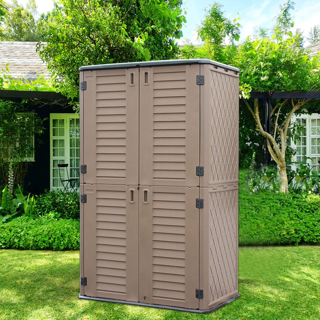 ADDOK Outdoor Storage Sheds Waterproof,Resin Outdoor Storage Cabinet Lockable, Double-Layer Storage Shed for Patios/Generator/Long-Handled Tools