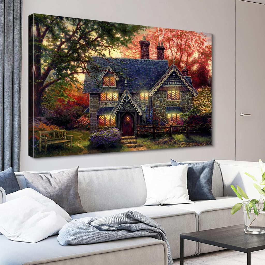 STUDIO HAVEN Thomas Kinkade Canvas Wall Art, Autumn Evening Flower Garden Cozy Glow and Wooden Bench Oil Painting Poster Rustic Landscape Wall Decor, Framed Prints for Home Decor, 48x32Inch