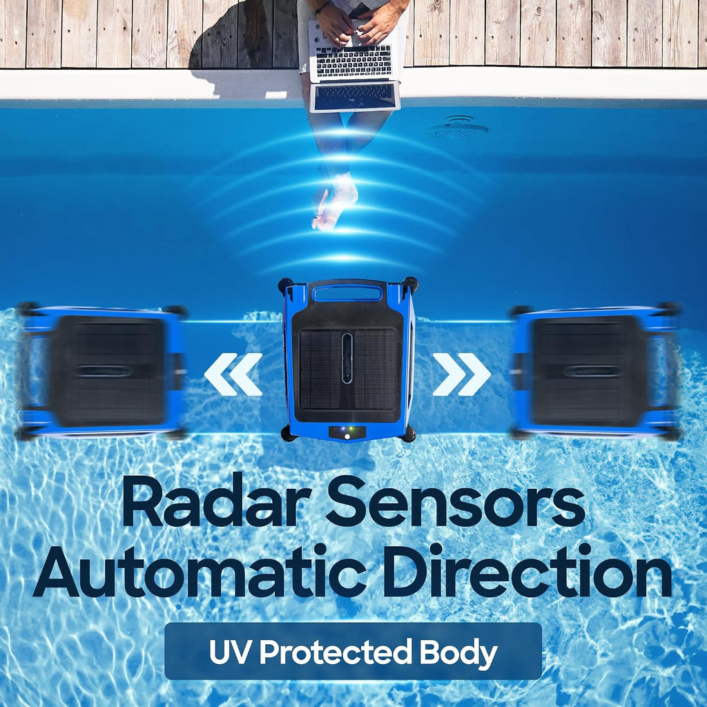Solar Powered Pool Skimmer Robot – Charges by Solar & Wall Plug – 2 Modes - 5000 mAh Battery Continuous Surface Cleaning - Shallow Water Anti-Stranding Bars - Salt Chlorine Tolerant Motors