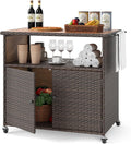 HAPPYGRILL Outdoor Storage Cabinet with Wheels, PE Rattan Patio Buffet Sideboard Bar Cart for Garden, Backyard & Poolside