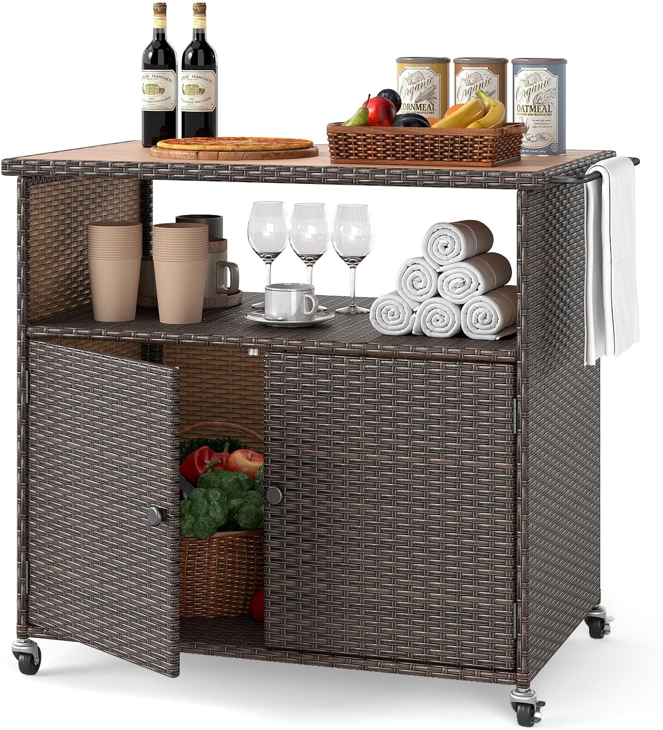 HAPPYGRILL Outdoor Storage Cabinet with Wheels, PE Rattan Patio Buffet Sideboard Bar Cart for Garden, Backyard & Poolside