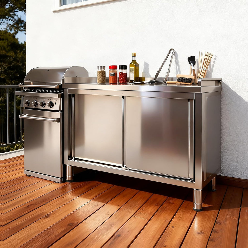 Stainless Steel Work Table with Cabinet 48'x20' with Baffle,Commercial Kitchen Workbench with Sliding Doors for Prep Work, Heavy Duty Prep Table for Restaurant,Garage,Warehouse