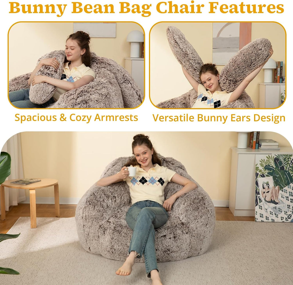 Achicsofar Bean Bag Chair for Adults Kids Giant Fluffy Plush Bean Bag Sofa with Filler Faux Fur Rabbit Shaped Beanbag Chairs Comfy Accent Floor Couch for Gaming, Reading in Bedroom, Living Room, Dorm