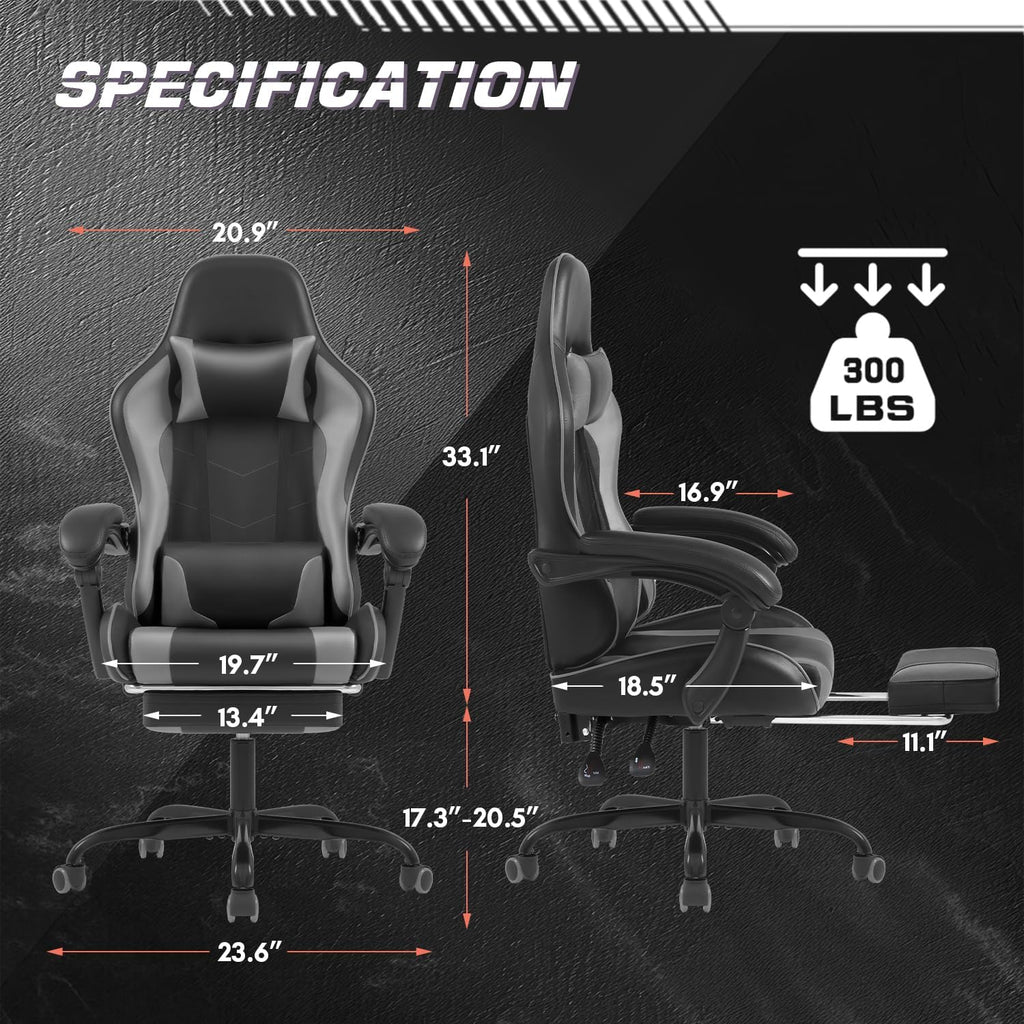 Shahoo Gaming Chair with Footrest and Massage Lumbar Support, Video Racing Seat Height Adjustable with 360°Swivel and Headrest for Office or Bedroom, Grey