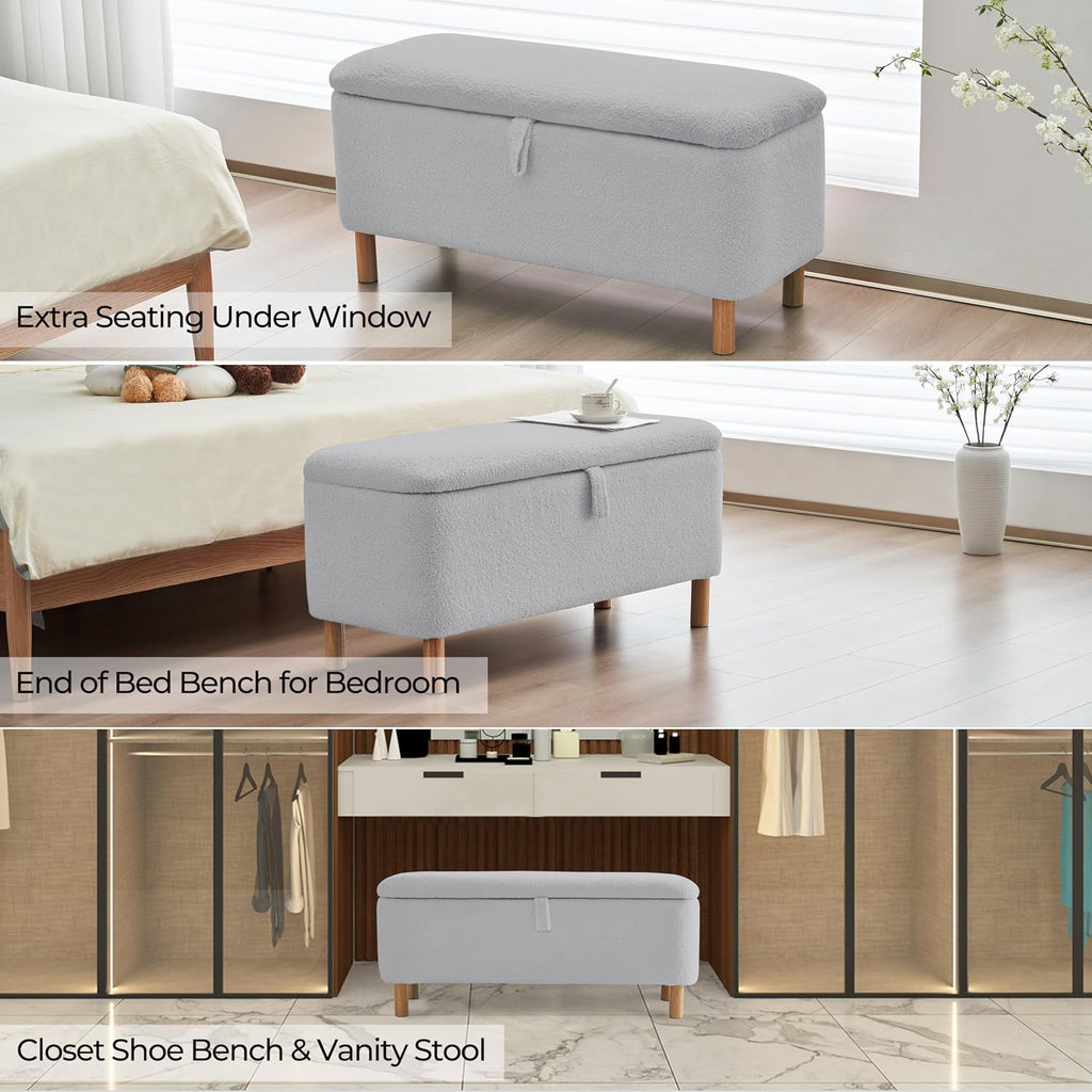 Boucle Storage Ottoman Bench for Bedroom end of Bed, Sherpa Upholstered Shoe Seat Storage Bench for Entryway Bed Foot, Rectangle Cushion Padded Blanket Chest Cute for Living Room, Grey