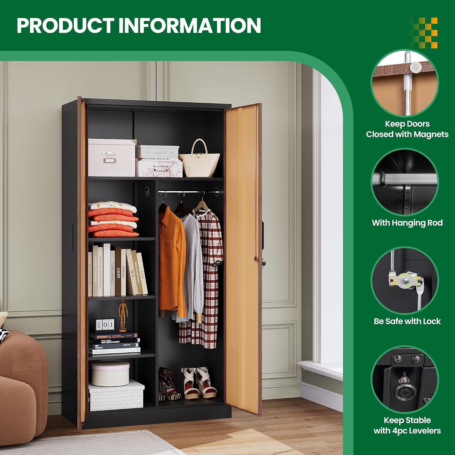 Broom Closet Storage Cabinet with Lock, Metal Garage Storage Cabinet with Doors and Shelves, Steel Wardrobe Cabinet with Hanging Rod, Utility Cabinets Closet for Kitchen, Office, Shop, Warehouse