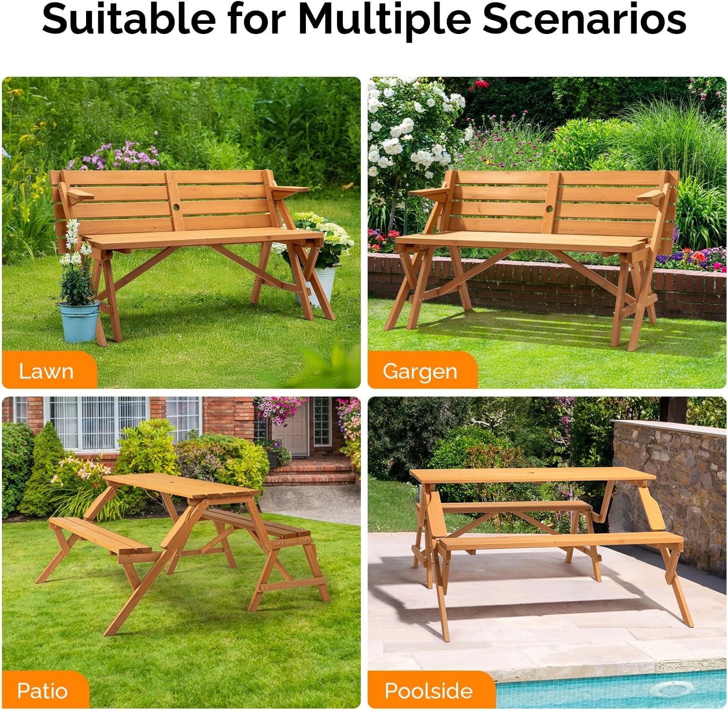 VINGLI 2-in-1 Outdoor Wooden Picnic Table and Bench Set with Umbrella Hole – Convertible Design for Garden, Patio, Porch, Deck – Natural Wood