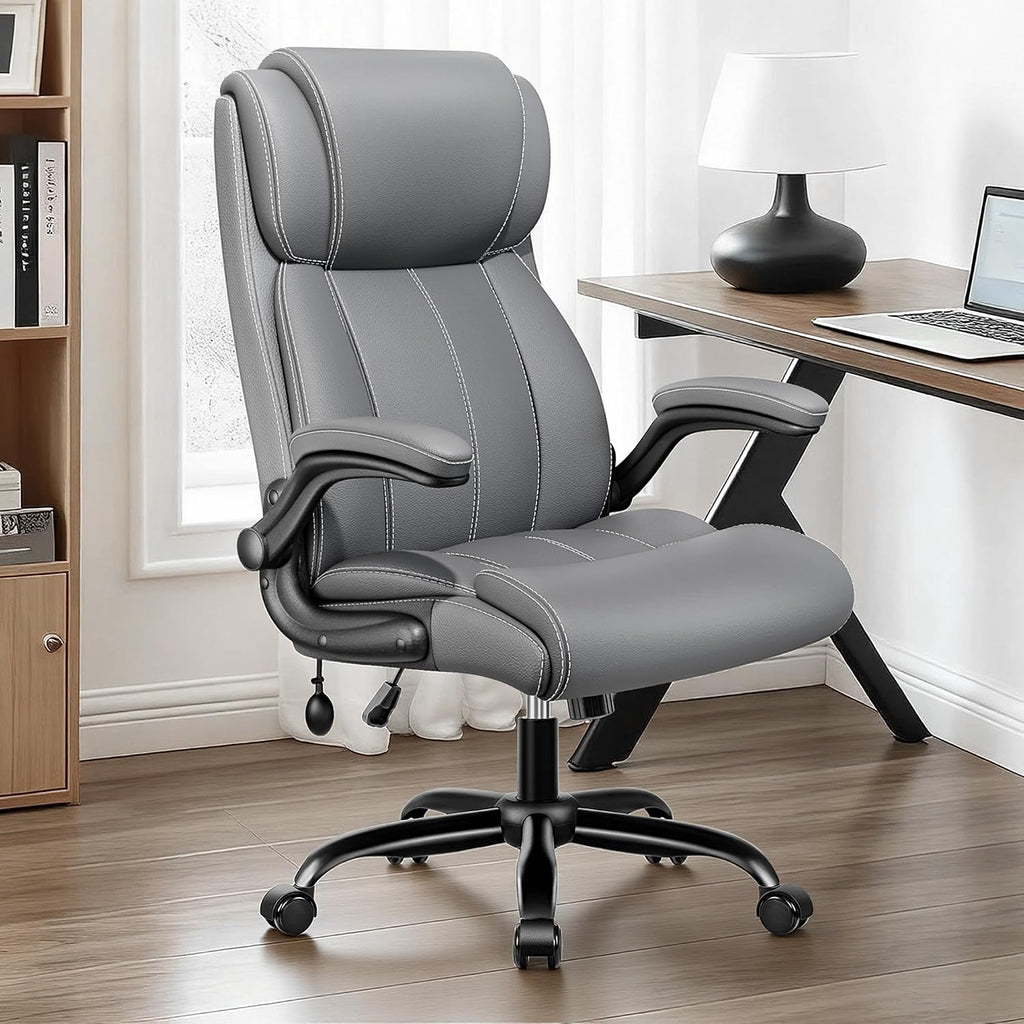 BESTFAIR Ergonomic Office Chair - Desk Computer Chair, Leather High Back Executive Chairs with Adjustable Lumbar Support & Flip Up Arms, Gray 4 Pack